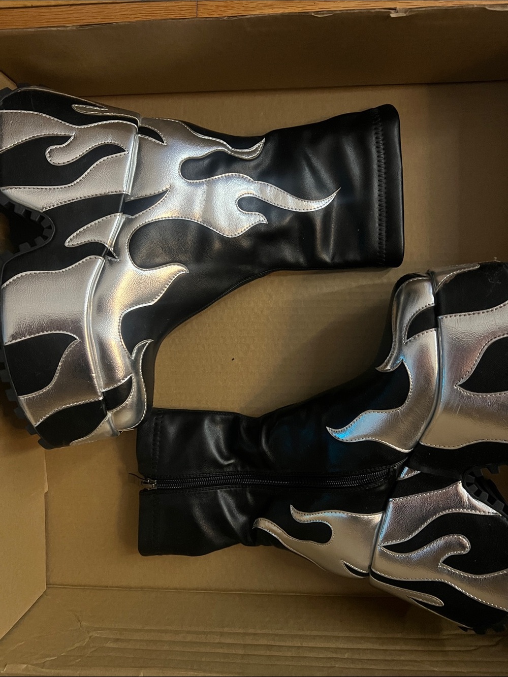 Black and Silver Flame Platform Heeled Boots - Women's